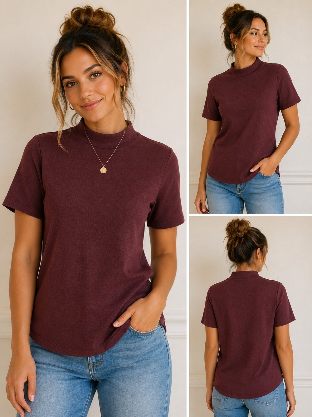 Cyrus Short Sleeve Mock Neck Top - Burgundy
